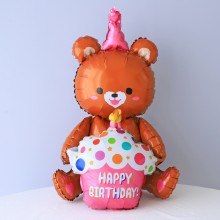 멀티벌룬 생일컵케이크 곰 브라운 스탠딩 풍선