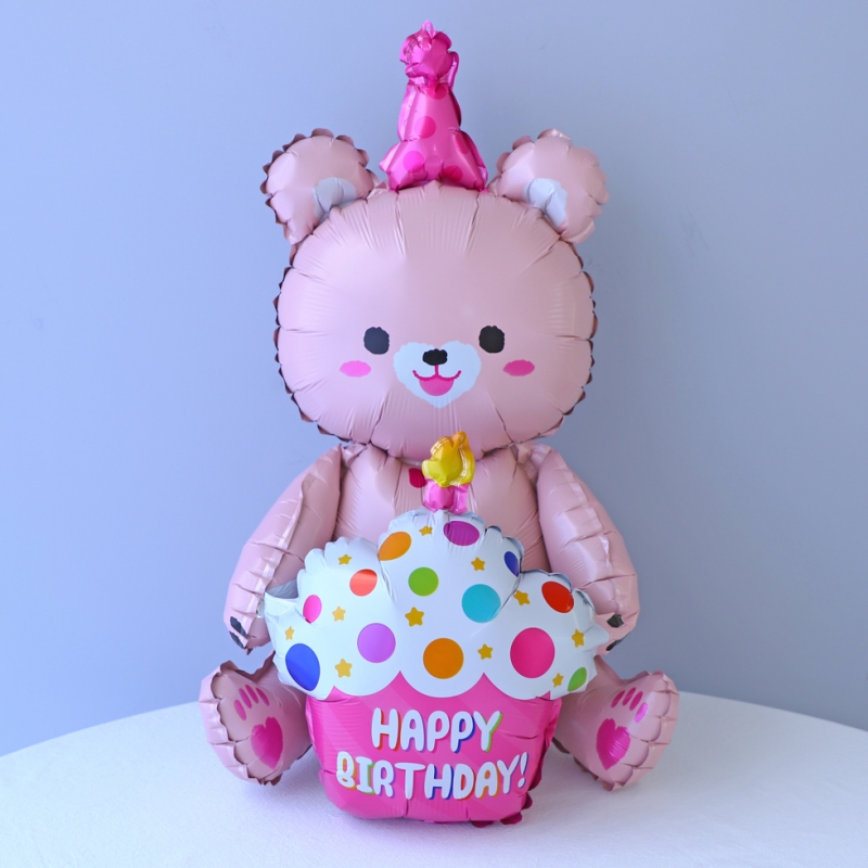 멀티벌룬 생일컵케이크 곰 핑크 스탠딩 풍선